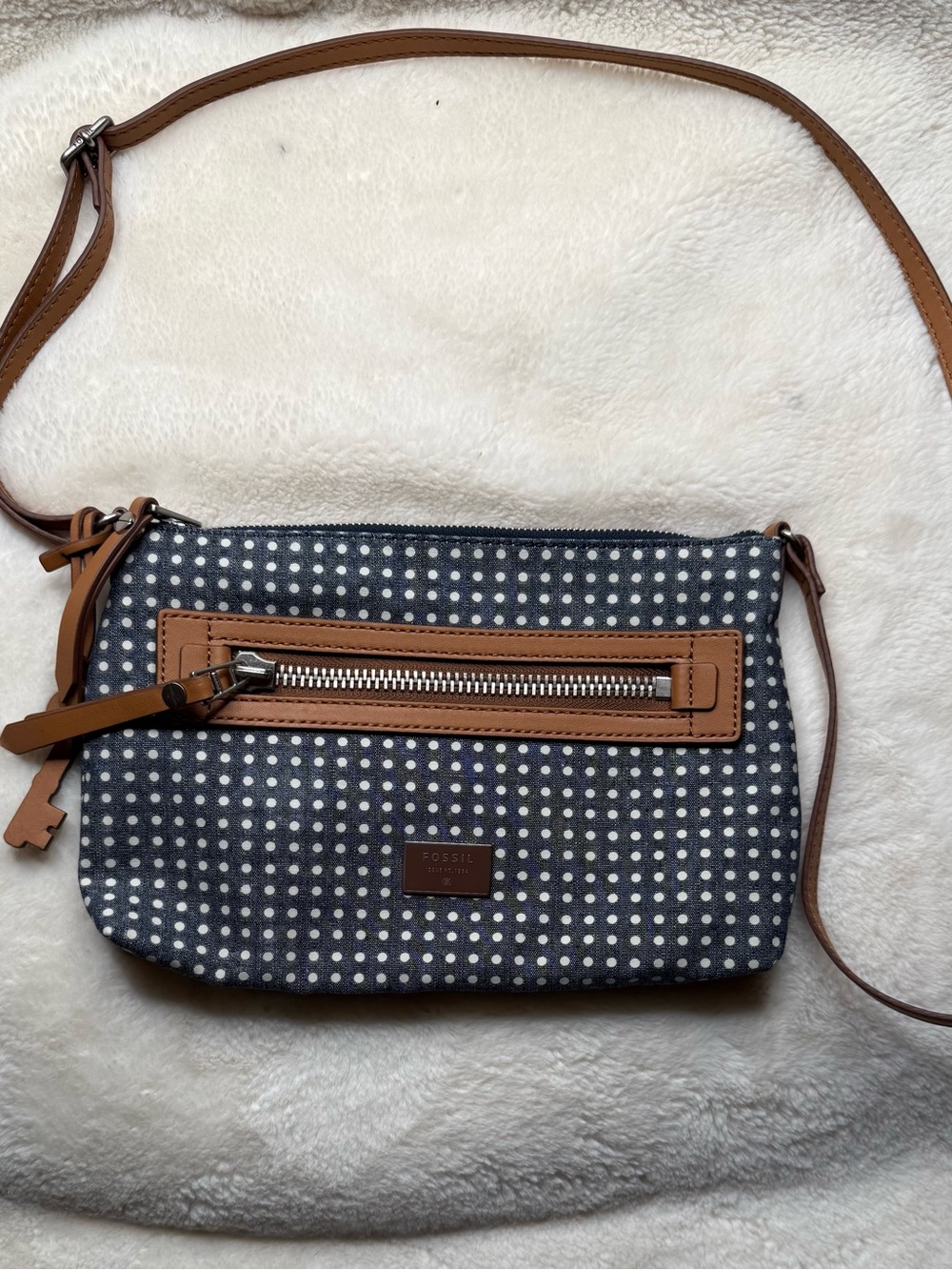 Fossil Navy Polka Dot Crossbody Bag Cognac Brown Trim Adjustable Strap